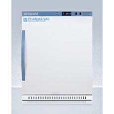 View of a closed ADA-height single solid vaccine freezer, Accucold