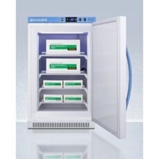 Open view of an ADA-height single solid vaccine freezer with adjustable wire shelves, Accucold