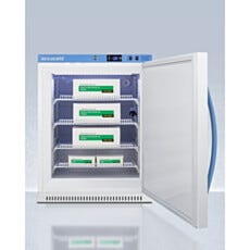 Open view of an ADA-height single solid vaccine freezer with adjustable wire shelves, Accucold