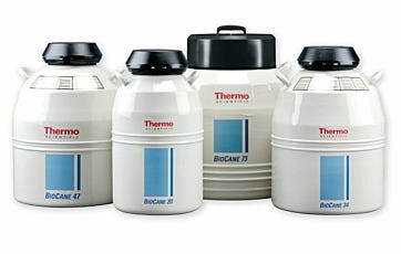 Color-coded Bio-Cane Cryogenic Storage Canisters by Thermo Fisher Scientific in four capacity sizes