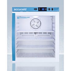View of a closed compact single glass door vaccine refrigerator, Accucold