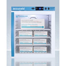Full view of a compact single glass door vaccine refrigerator showing interior wire shelving, Accucold