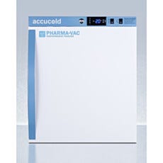 View of a closed countertop single solid vaccine freezer, Accucold