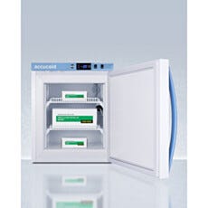 Open view of a countertop single solid vaccine freezer with adjustable wire shelves, Accucold