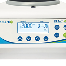 Benchmark Scientific HC-24 Hematocrit Centrifuge front panel digital display showing rpm/rcf and time readout with navigation and quick-spin buttons