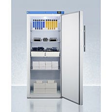 view of a open upright manual defrost freezer with miscellaneous lab contents stored inside