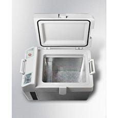 Portable single solid vaccine freezer/refrigerator with open lid, Accucold
