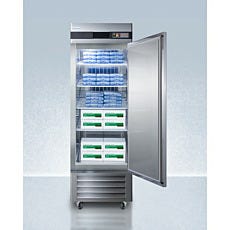 open upright freezer with boxes inside