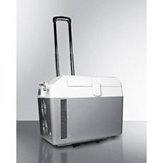front centered display of closed portable freezer with trolley handle