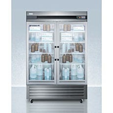 upright refrigerator with closed glass panel doors containing bottles and boxes inside