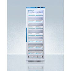 Upright vaccine refrigerator with closed glass panel door filled with boxes inside