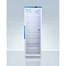 upright refrigerator with glass panel closed door