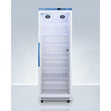 upright refrigerator with glass panel closed door