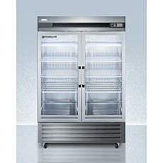 upright refrigerator with closed glass panel doors