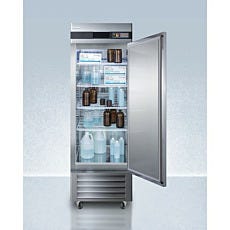 open upright refrigerator with boxes inside