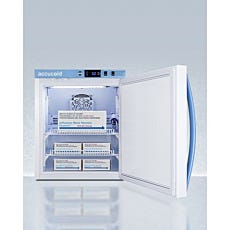 open compact refrigerator with boxes inside