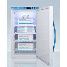 open compact refrigerator with boxes inside