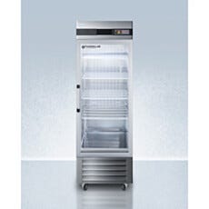 View of a closed upright single glass door pharmacy refrigerator, Accucold