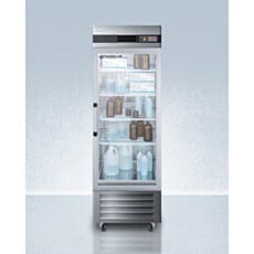 Full view of an upright single glass door pharmacy refrigerator showing interior wire shelving, Accucold