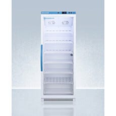 View of a closed upright single glass door vaccine refrigerator, Accucold