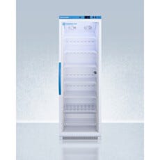 View of a closed upright single glass door vaccine refrigerator, Accucold