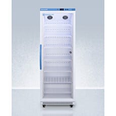 View of a closed upright single glass door vaccine refrigerator, Accucold