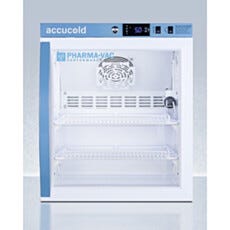 View of a closed upright single glass door vaccine refrigerator, Accucold