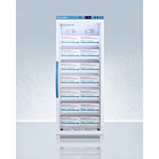 Full view of an upright single glass door vaccine refrigerator showing interior wire shelving, Accucold