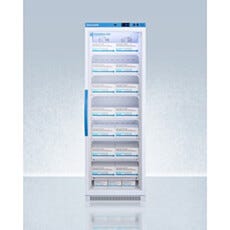 Full view of an upright single glass door vaccine refrigerator showing interior wire shelving, Accucold