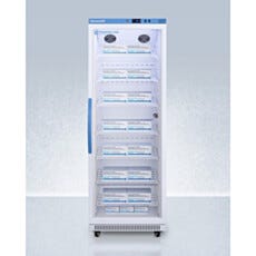 Full view of an upright single glass door vaccine refrigerator showing interior wire shelving, Accucold