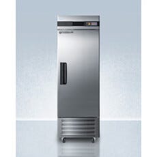 View of a closed upright single solid pharmacy freezer with stainless steel door, Accucold