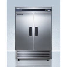 View of a closed upright single solid pharmacy freezer with stainless steel door, Accucold