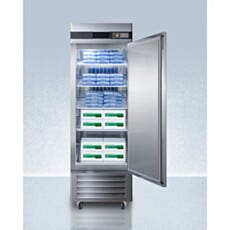 Open view of an upright single solid pharmacy freezer with adjustable wire shelves, Accucold