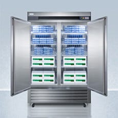 Open view of an upright single solid pharmacy freezer with adjustable wire shelves, Accucold