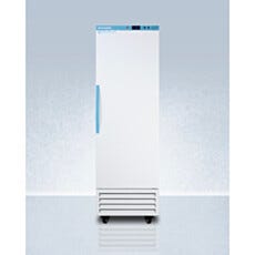 View of a closed upright single solid vaccine freezer, Accucold