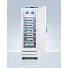 Open view of an upright single solid vaccine freezer with adjustable wire shelves, Accucold