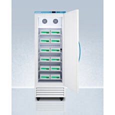 Open view of an upright single solid vaccine freezer with adjustable wire shelves, Accucold