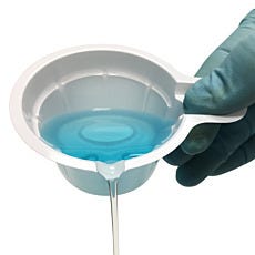 White Polyethylene WeighBucket™ pouring liquid sample from pour spout