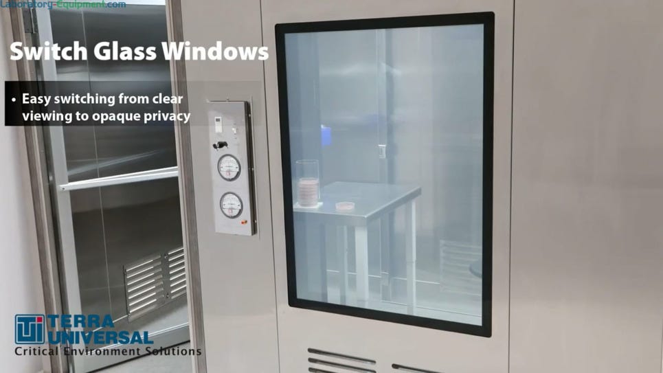 Video demonstrates the switch from opaque glass to clear for privacy or viewing purposes