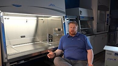 Laboratory building design took a great leap forward with the creation of this new type of Class II biosafety cabinet  |  3652-PP-02 displayed Creation Story of the Axiom Type C1 Biosafety Cabinet.