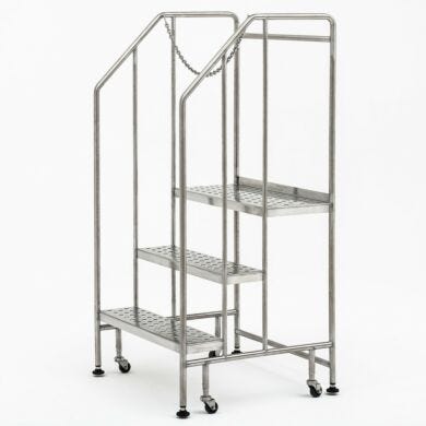 Terra’s BioSafe® 3 step ladder features a design with minimal crevices, making cleaning easier and reducing the accumulation of particles  |  2805-85B displayed