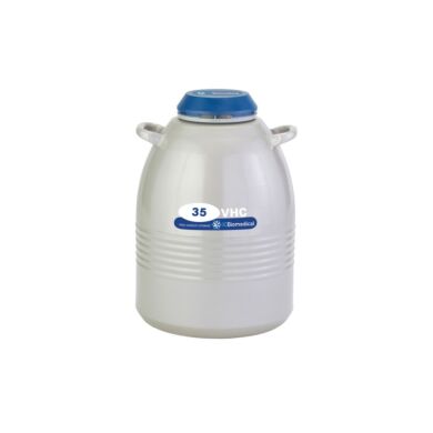 TW 35VHC High Capacity Cryogenic Storage Freezer with a 35-liter LN2 capacity and a 130-day static hold time for long-term sample storage; includes six 11