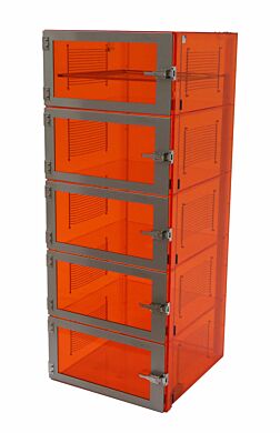 The multi-chamber amber acrylic Adjust-A-Shelf desiccator cabinet can retain up to five chambers worth of storage capacity in a low humidity environment. | 3950-78D displayed