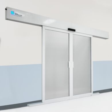 The Powder-Coated Aluminum Automatic Double Bi-Parting Sliding Door will auto reverse when something obstructs the path of the door  |  6709-17 displayed