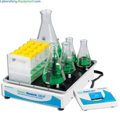 Benchmark Scientific’s Orbi-Shaker™ CO2 features sealed construction and a remote control panel for use in CO2 incubators  |  2823-15 displayed