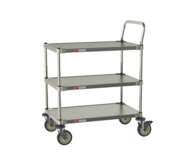 CRLS223NFS Metro all stainless steel 3-shelf Grade A Pharma Cart for use in cleanrooms and labs withstand repeated cleaning and sterilization; 18 x 30 x 39