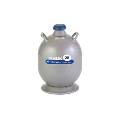 TW CLASSIC-25 Dewar by IC Biomedical with 25-liter LN2 capacity and a snap-on cap closure for secure sample storage and dispensing  |  6901-04 displayed