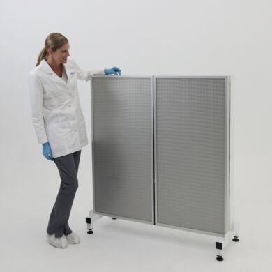 Front side of horizontal laminar flow module; 2 HEPA fan filter units mounted on a base stand