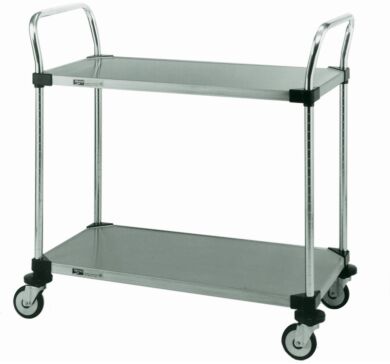 Metro MW100 series utility cart features two solid stainless steel shelves practical for transporting materials requiring an expanse of flat surface  |  1302-PP-01 displayed