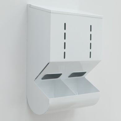 Wall-mounted, gravity-fed glove dispenser, 2-chambers, powder-coated steel | 4951-38-2-PC displayed